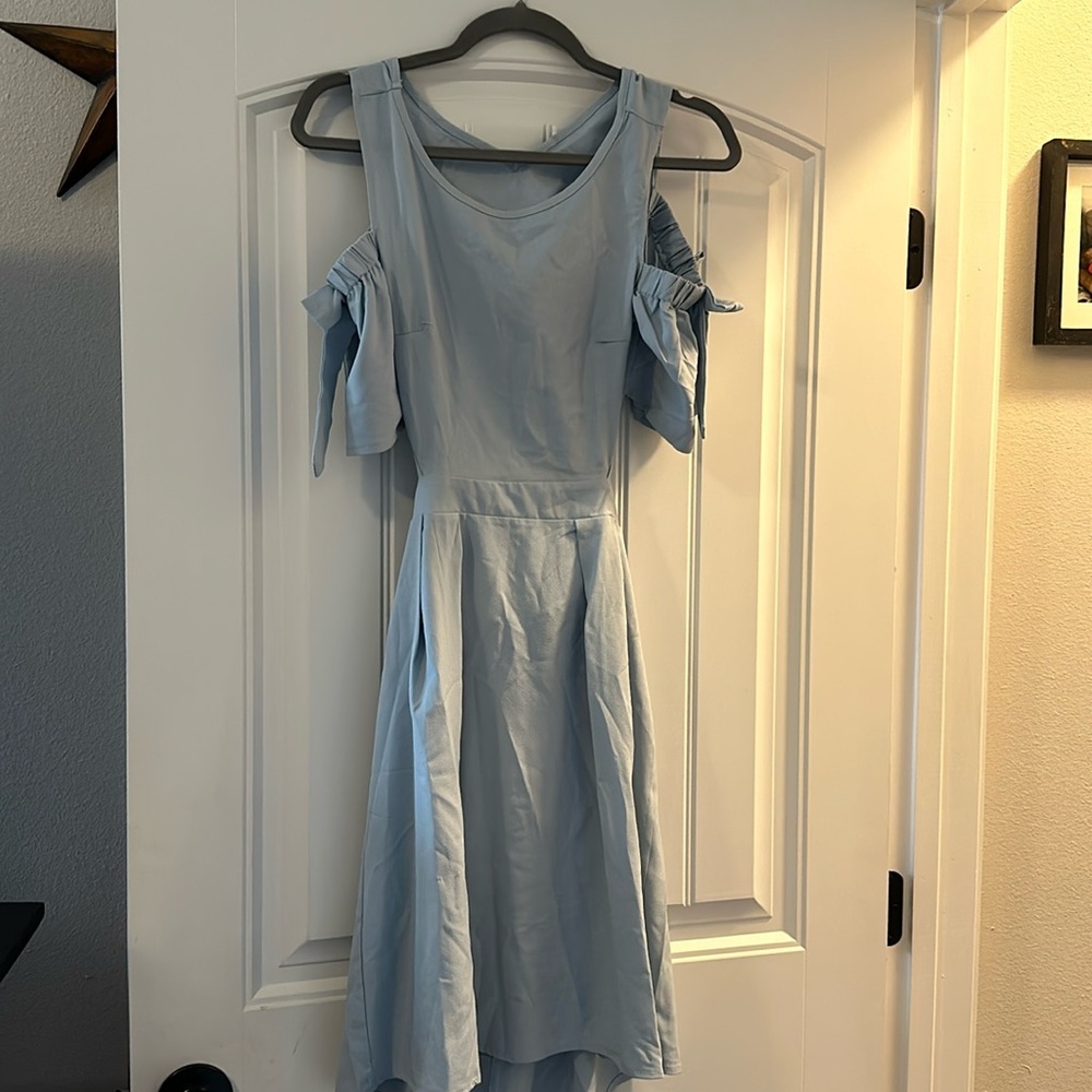 Baby blue, open cap shoulder, open back dress